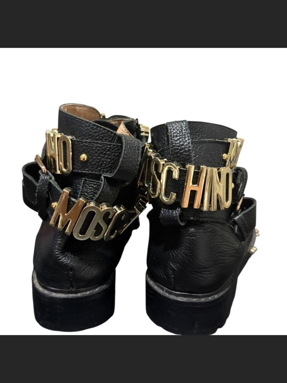 Moschino Black Leather Logo-Strap Combat Boots with Gold Hardware - Picture 3 of 6